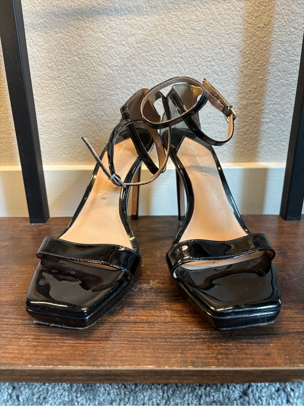 ANTONIO MELANI Black Patent Ankle-Strap Square-Toe Heels - Picture 3 of 8